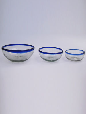 Cobalt Blue Rim Glassware / Cobalt Blue Rim Glass Snack Bowls (set of 3) / Large, medium & small cobalt blue rim snack bowls. Great for serving peanuts, chips or pretzels in stylish fashion. 